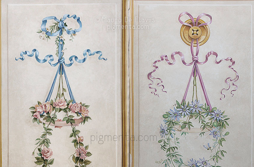details of hand-painted floral panels
