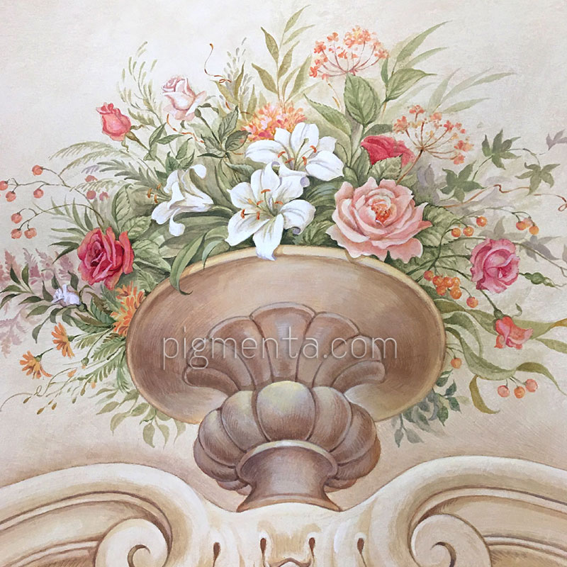 murale con vaso floreale visto dal basso