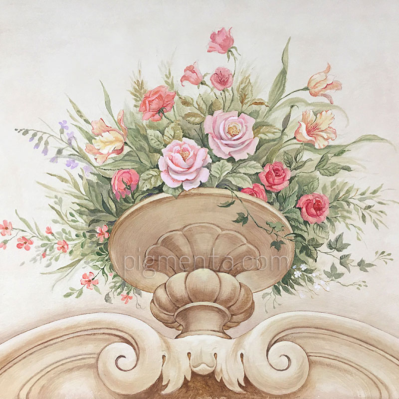 vaso floreale decorativo dipinto a trompe-l'oeil.