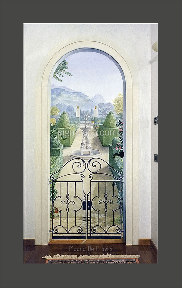 giardino classico italiano dipinto su porta